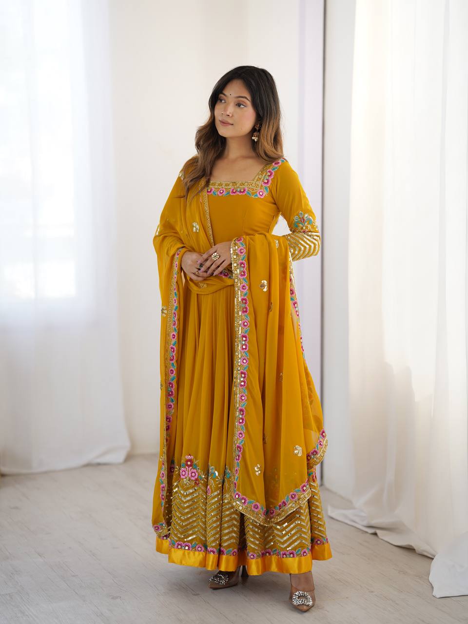 Yellow georgette embroidered anarkali suit with dupatta and bottom
