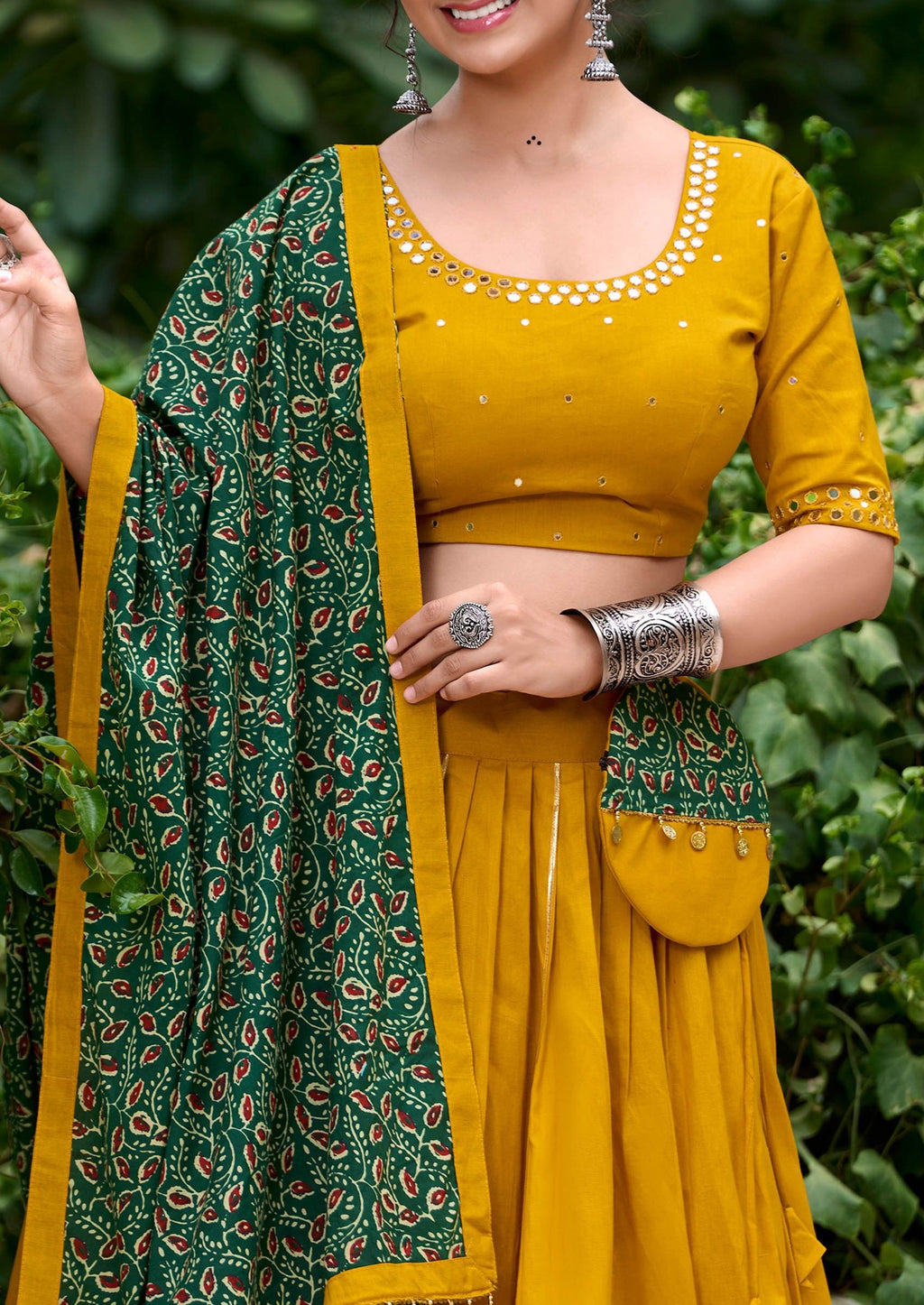 Yellow pure cotton lehenga choli with coin lace border and purse