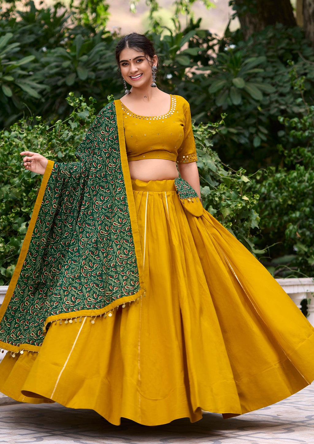 Yellow pure cotton lehenga choli with coin lace border and purse