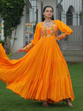 Yellow rayon flair gown with kutchi gamthi work for navratri