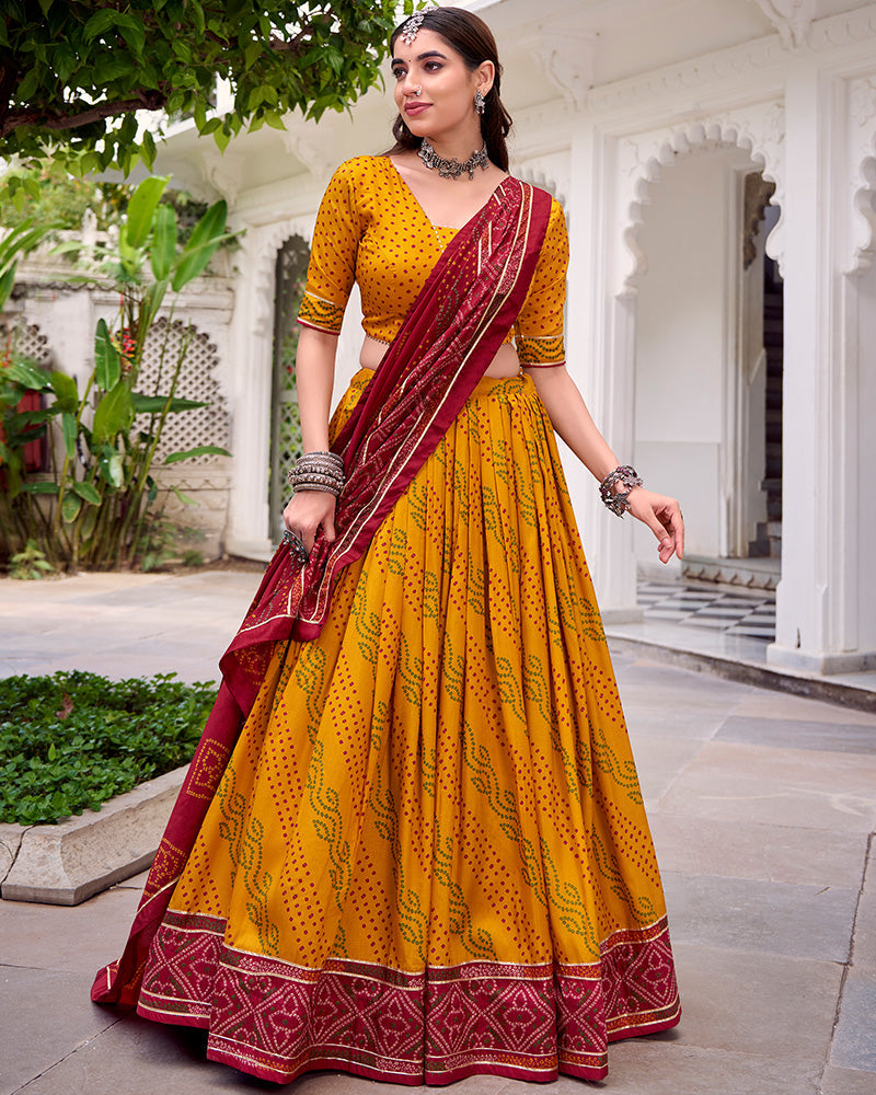Yellow silk Bandhani print Gotta Patti lace work lehenga choli
