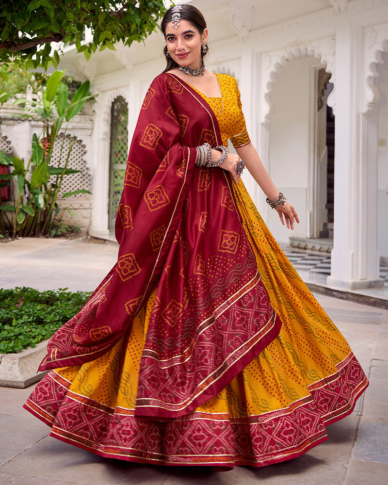 Yellow silk Bandhani print Gotta Patti lace work lehenga choli
