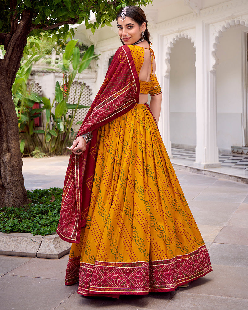 Yellow silk Bandhani print Gotta Patti lace work lehenga choli