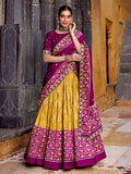 Yellow silk print and sequins thread embroidery lehenga with dupatta