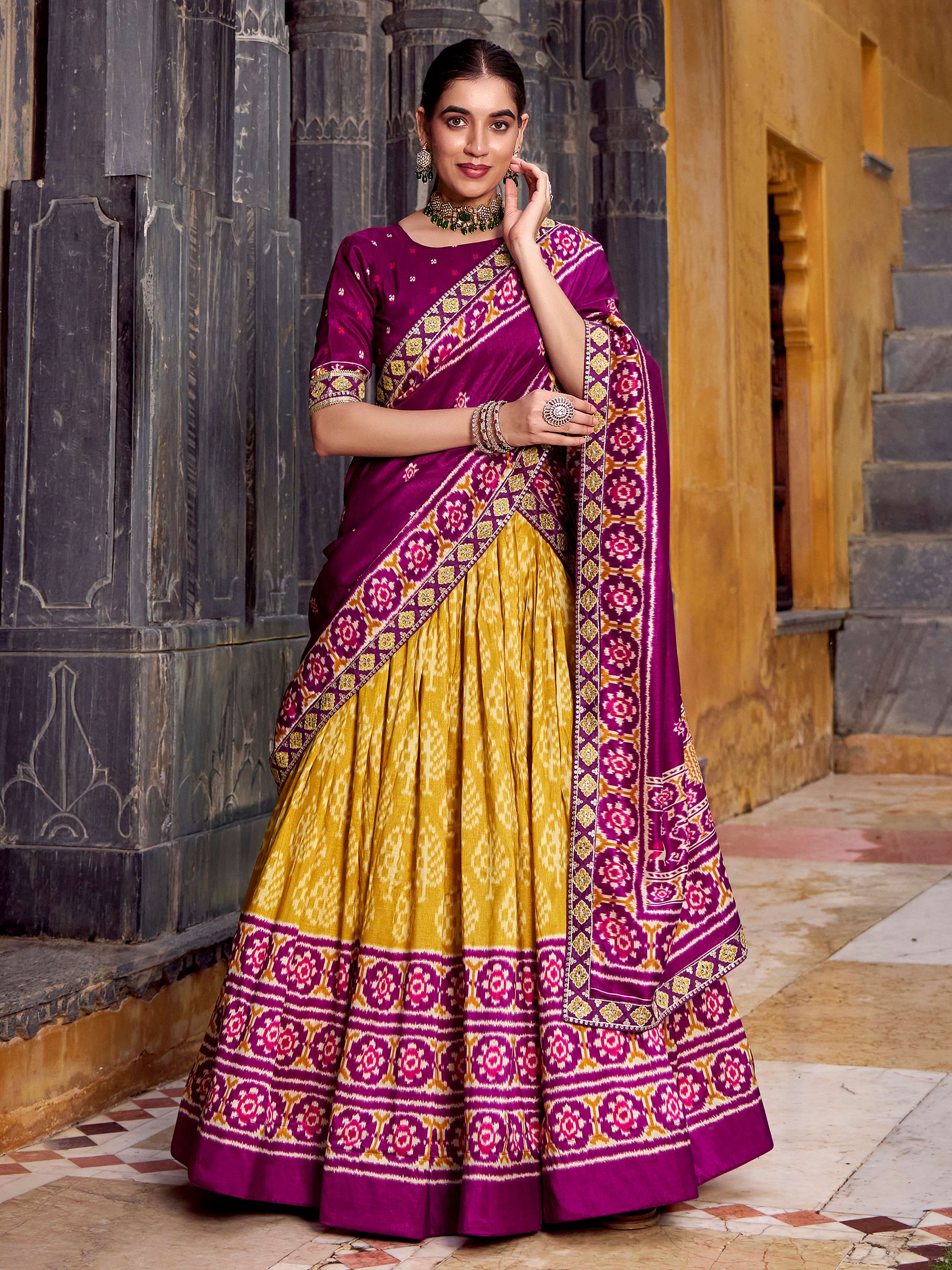 Yellow silk print and sequins thread embroidery lehenga with dupatta