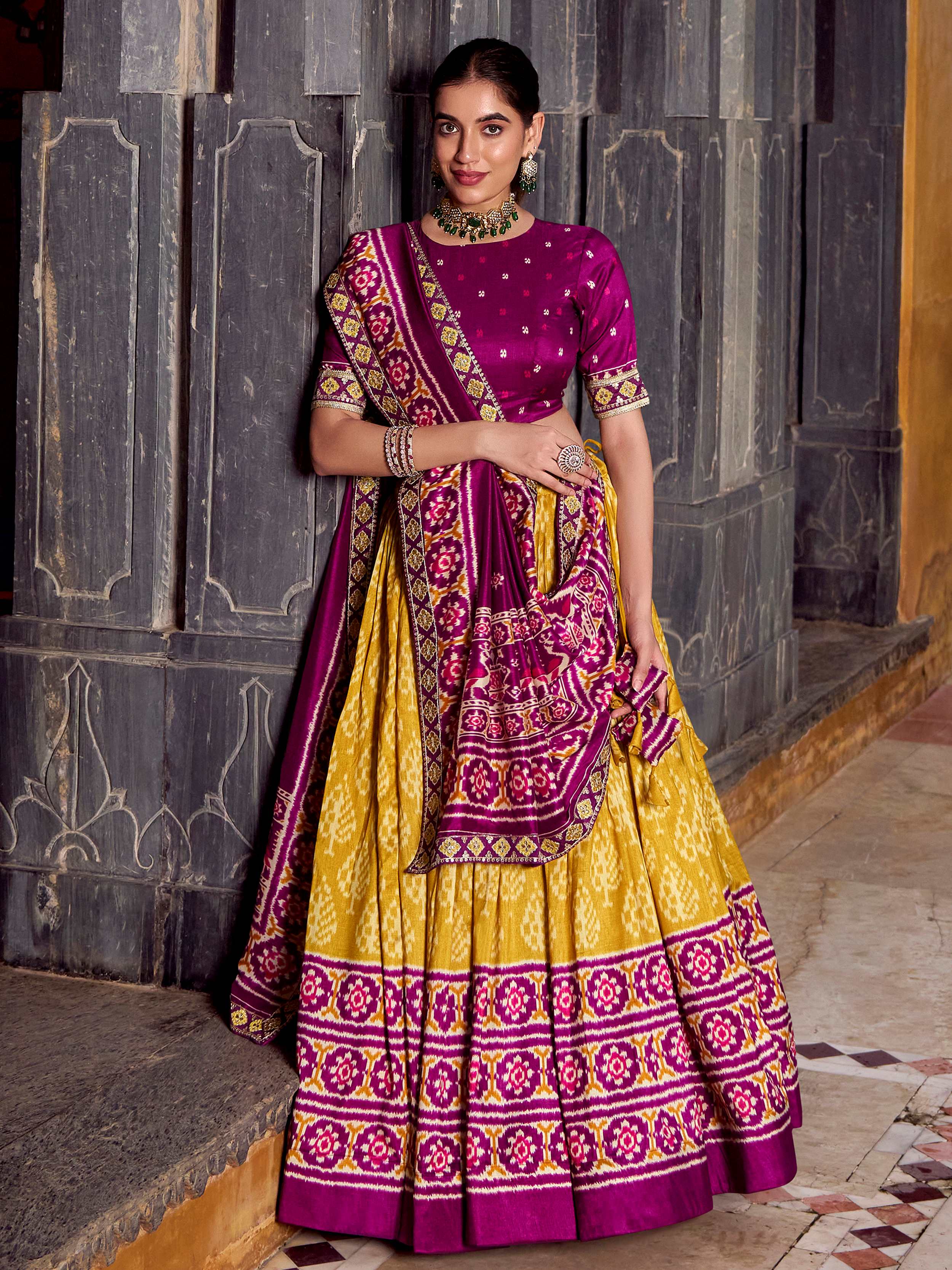 Yellow silk print and sequins thread embroidery lehenga with dupatta
