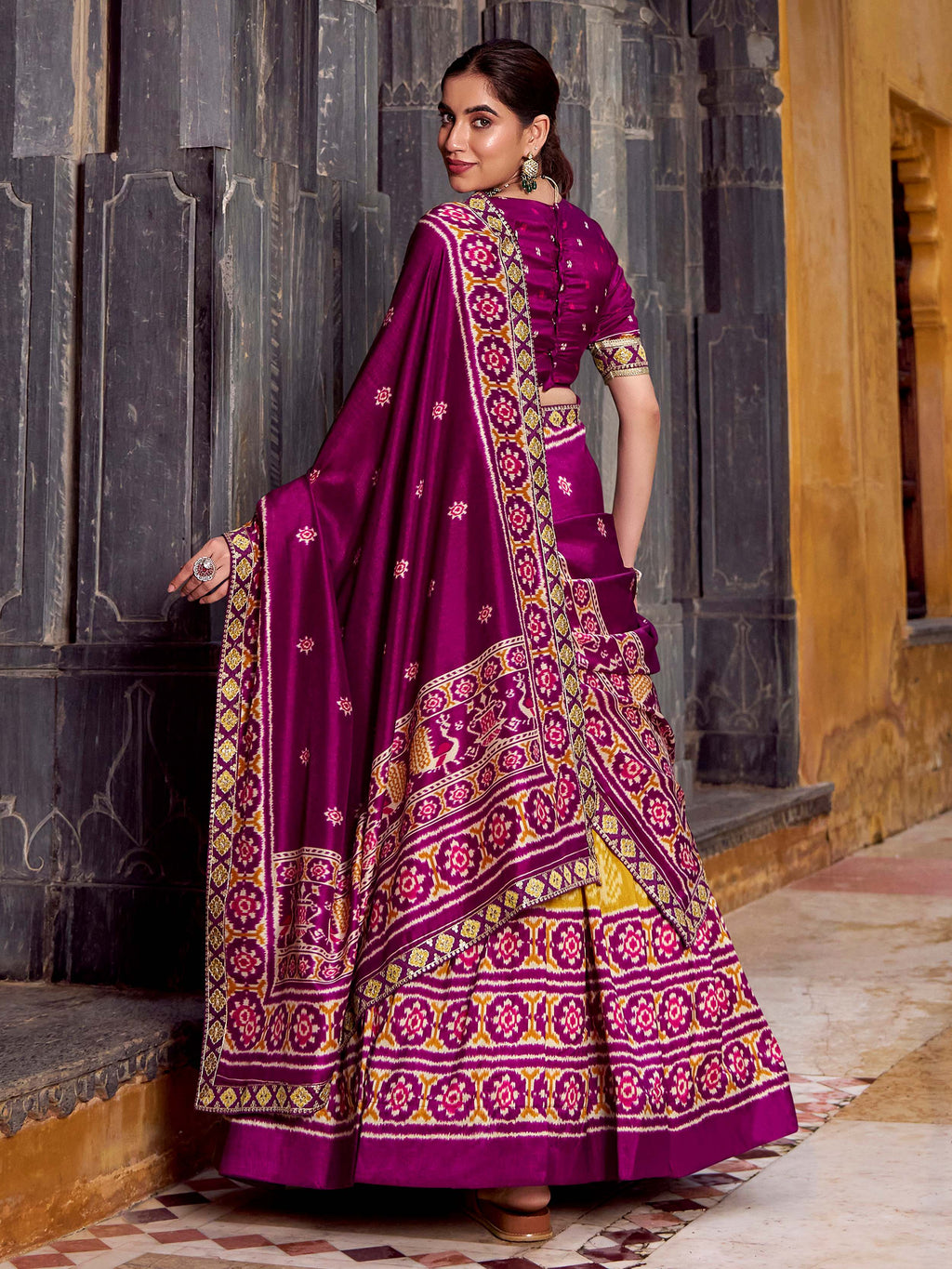 Yellow silk print and sequins thread embroidery lehenga with dupatta