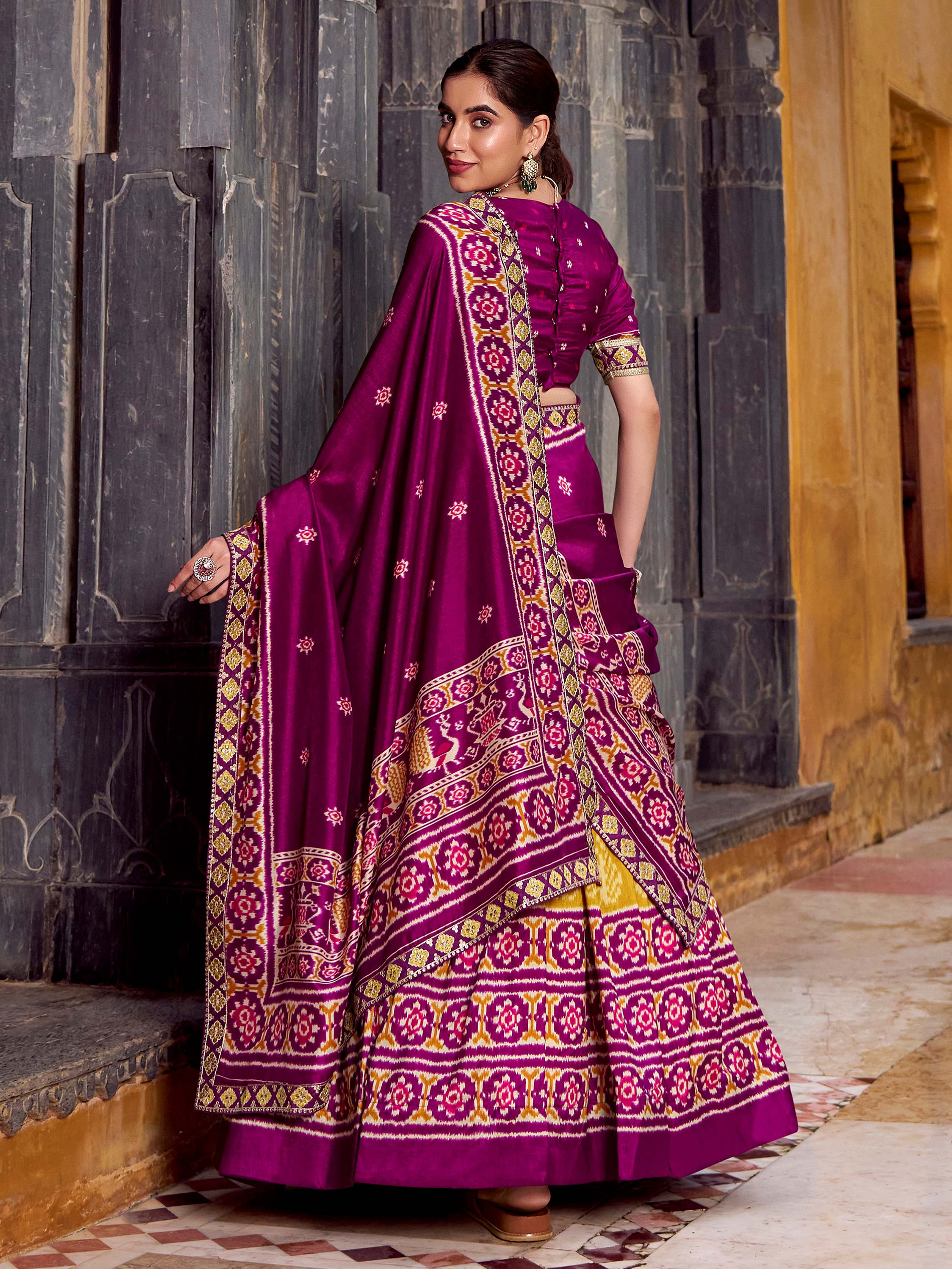 Yellow silk print and sequins thread embroidery lehenga with dupatta