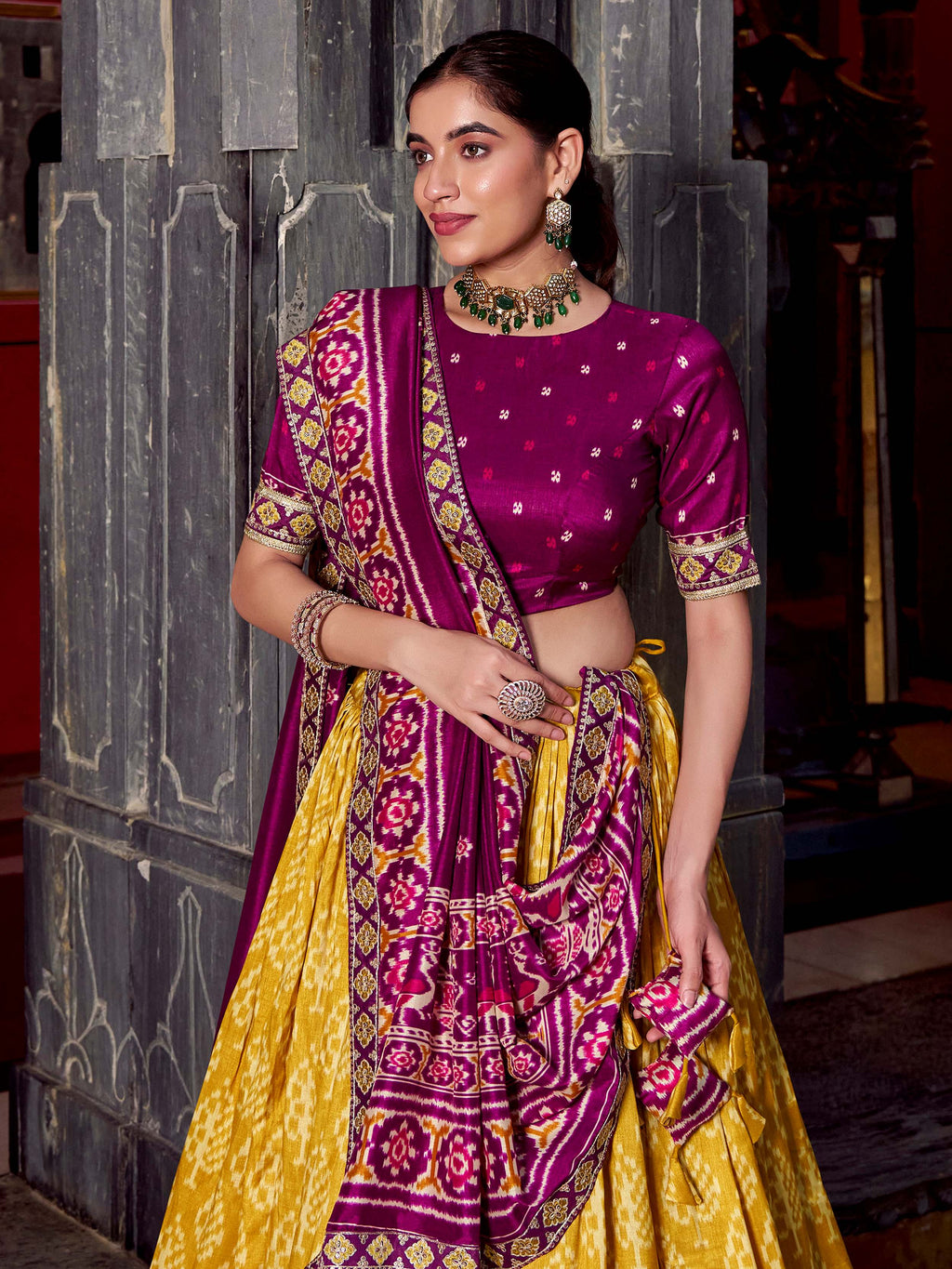 Yellow silk print and sequins thread embroidery lehenga with dupatta