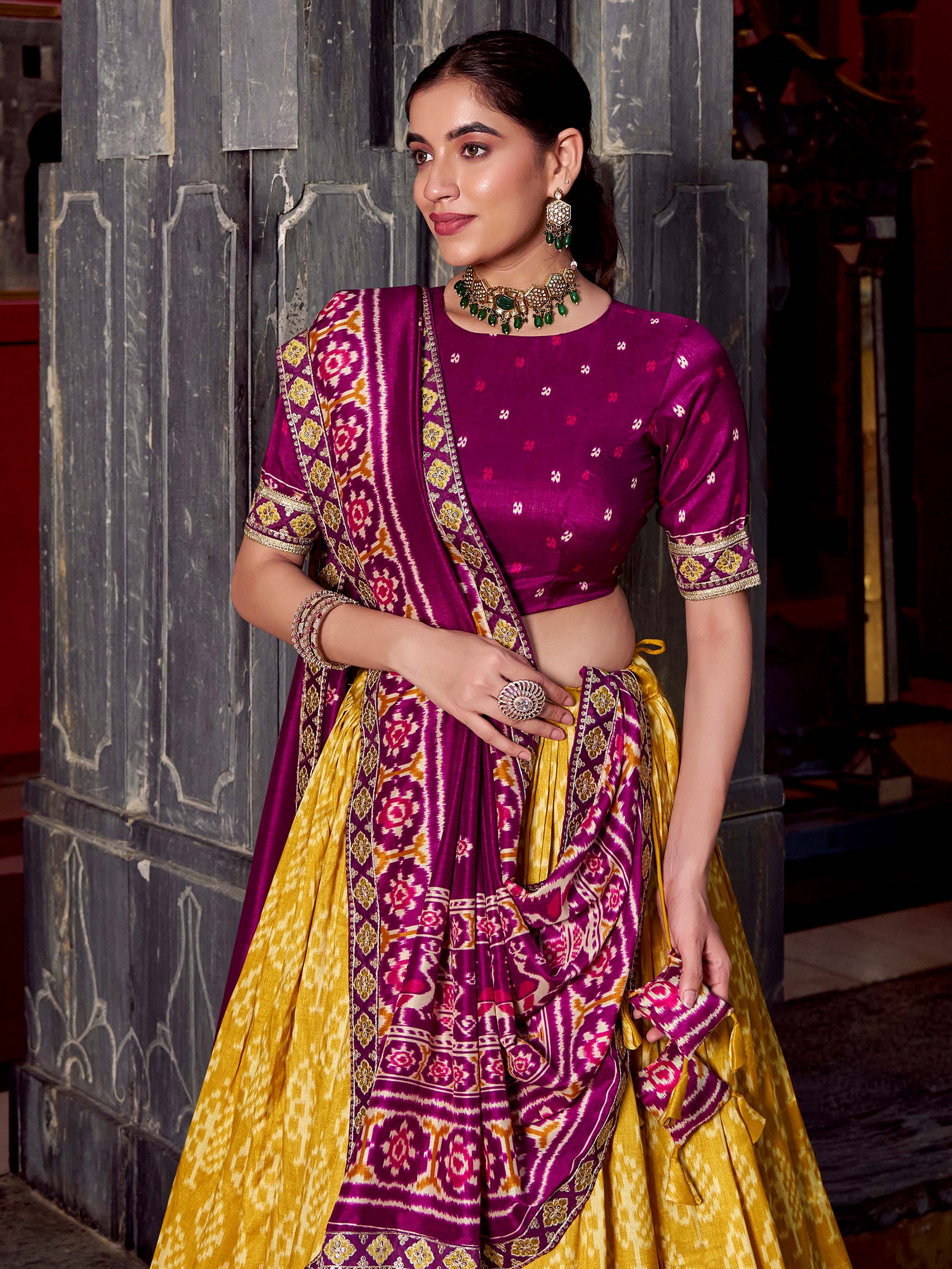 Yellow silk print and sequins thread embroidery lehenga with dupatta
