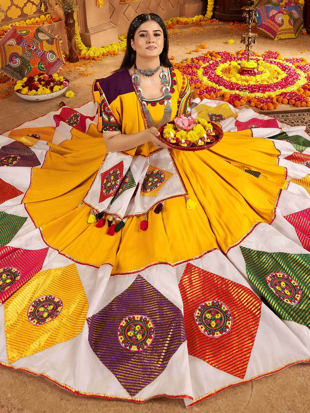 Yellow viscose cotton thread embroidery Navratri lehenga choli