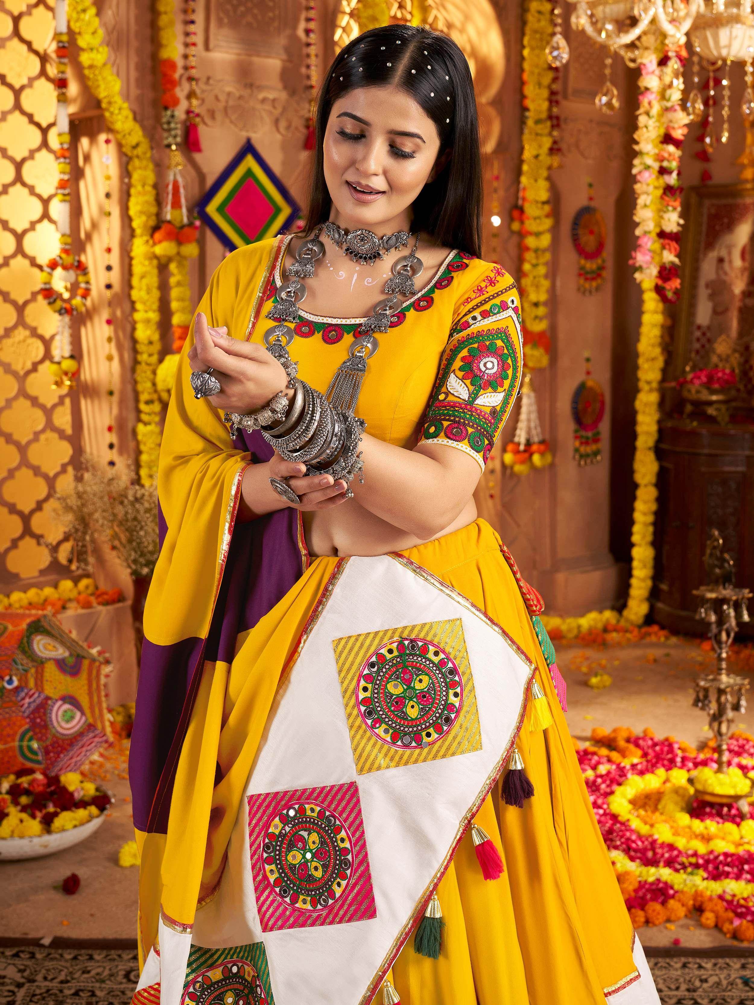 Yellow viscose cotton thread embroidery Navratri lehenga choli