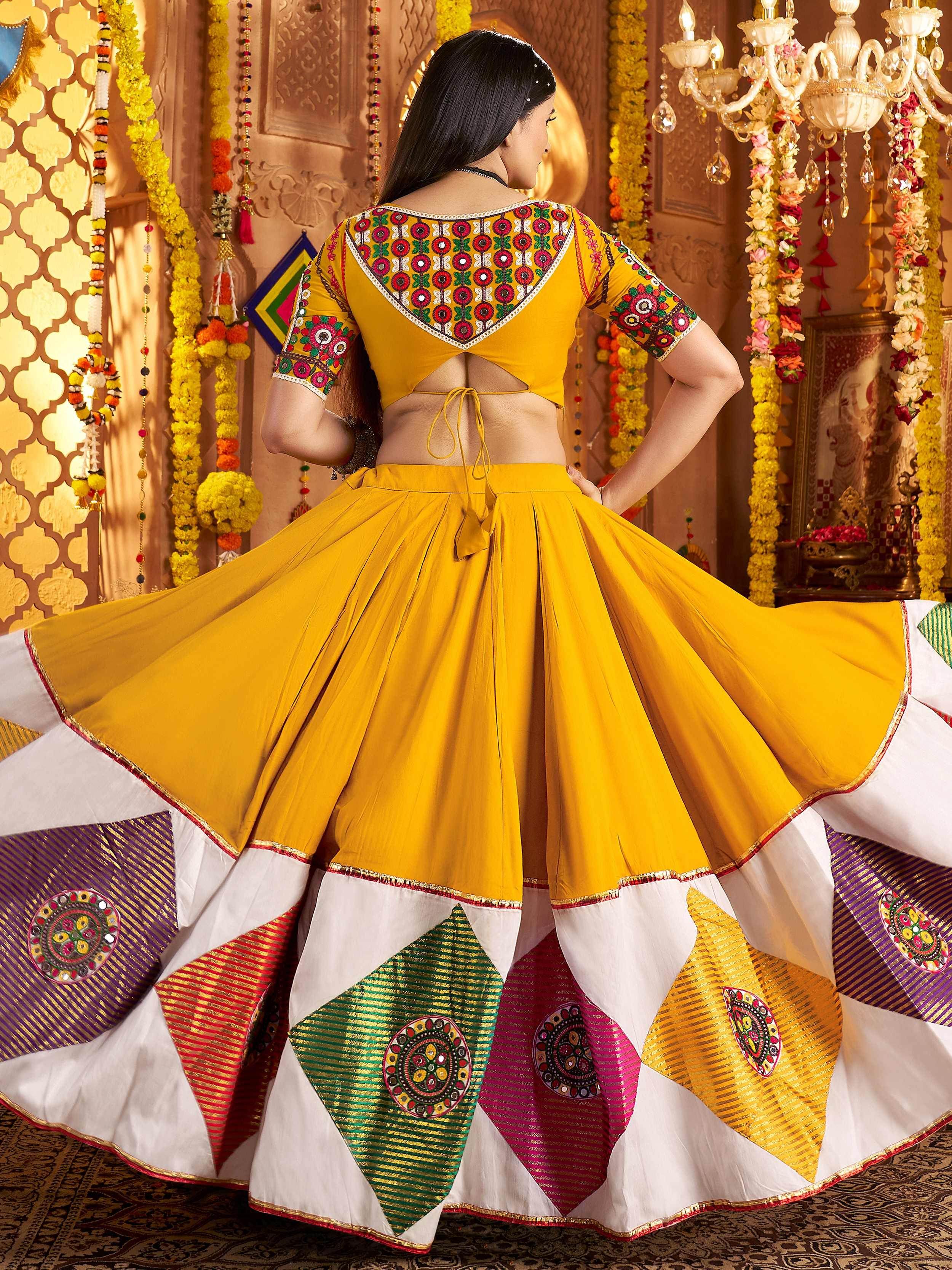 Yellow viscose cotton thread embroidery Navratri lehenga choli