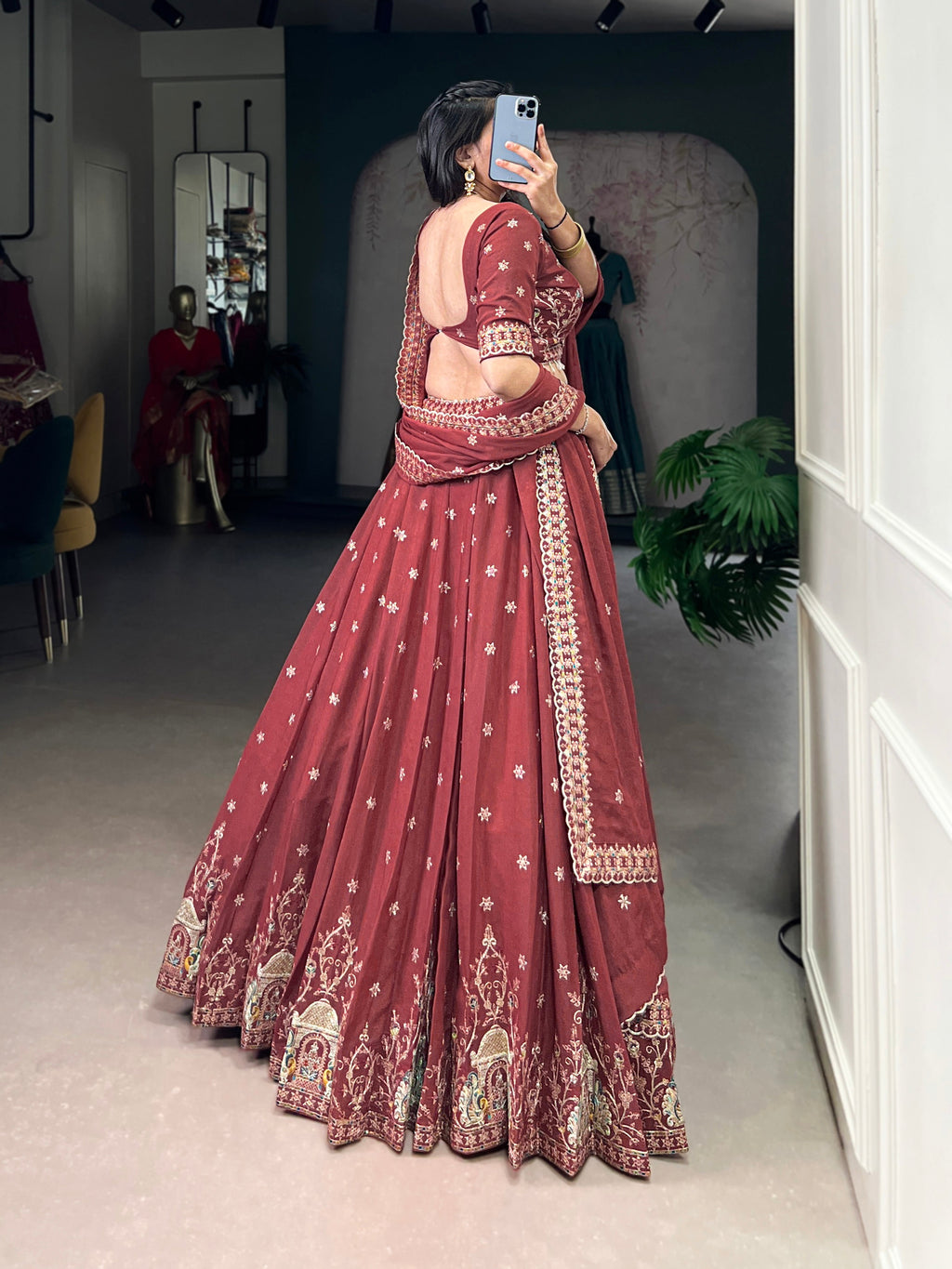 Zarakh rust maroon silk lehenga choli with sequins and thread embroidery