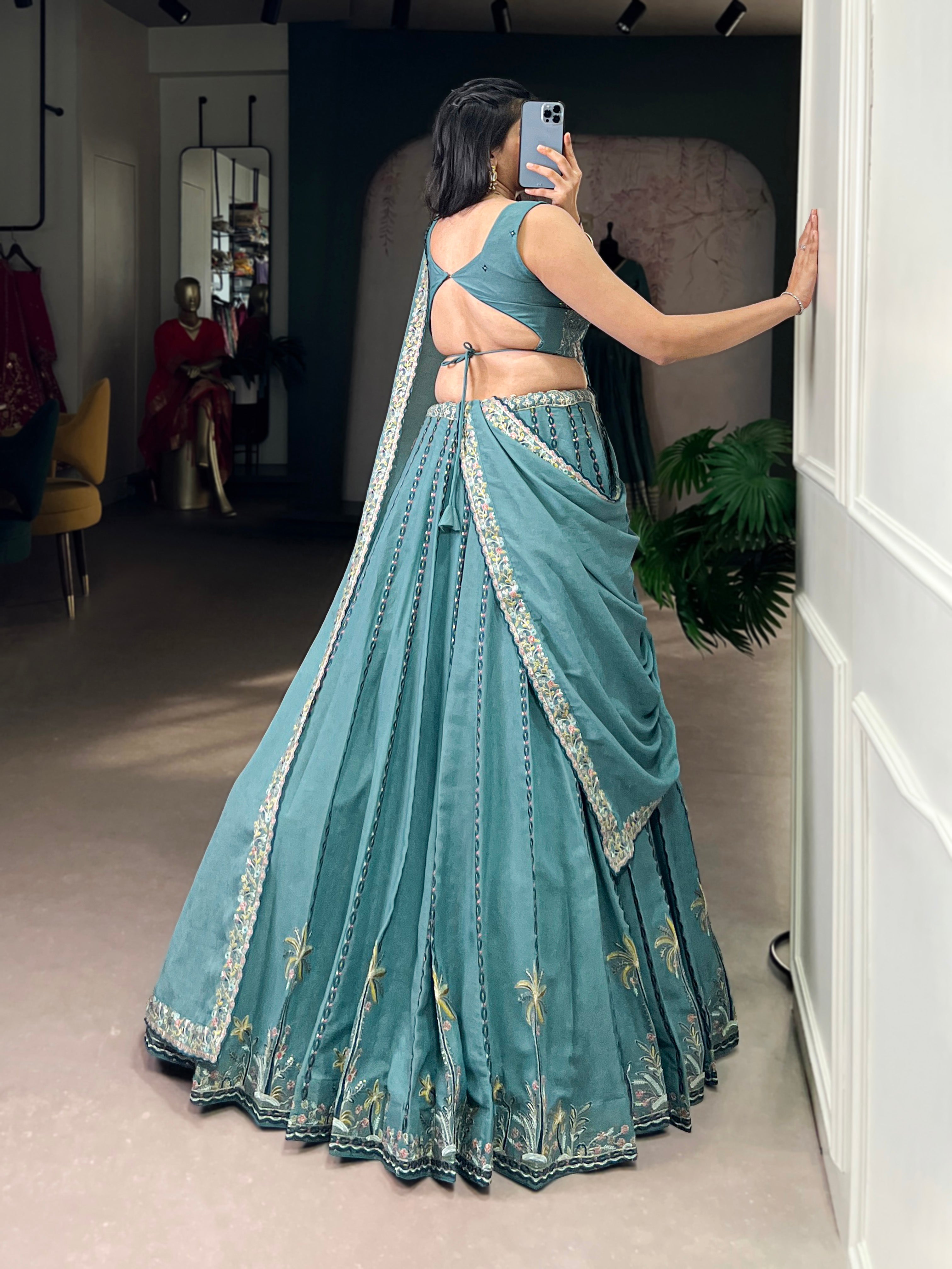 Zarakh sky blue silk lehenga choli with sequins thread embroidery work
