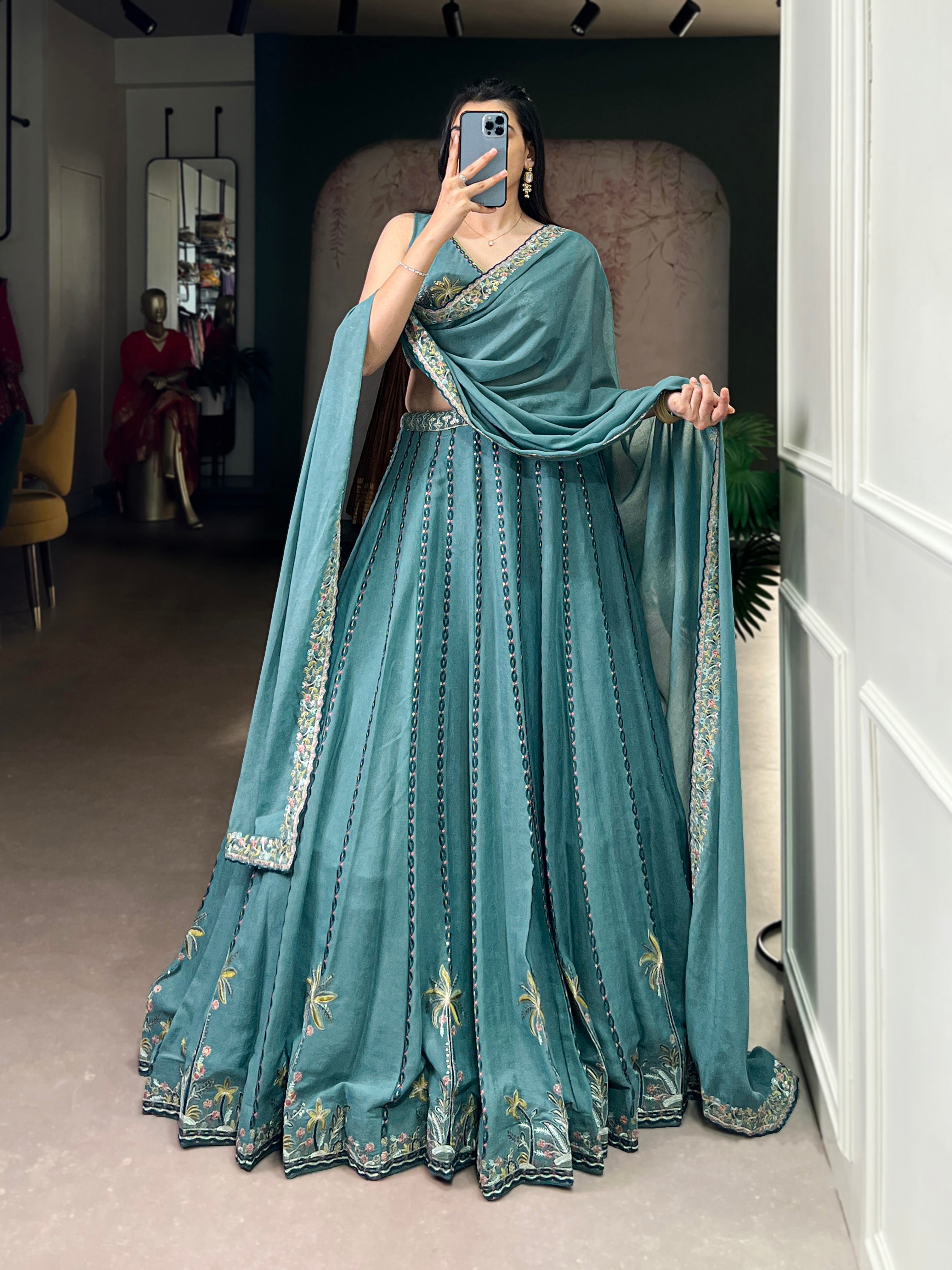 Zarakh sky blue silk lehenga choli with sequins thread embroidery work