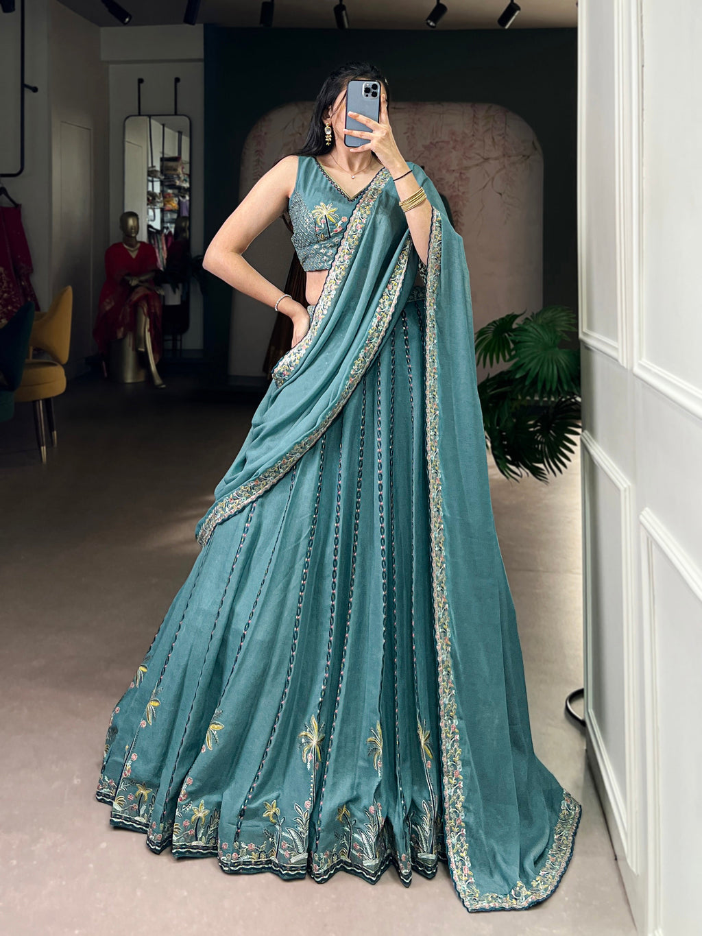 Zarakh sky blue silk lehenga choli with sequins thread embroidery work