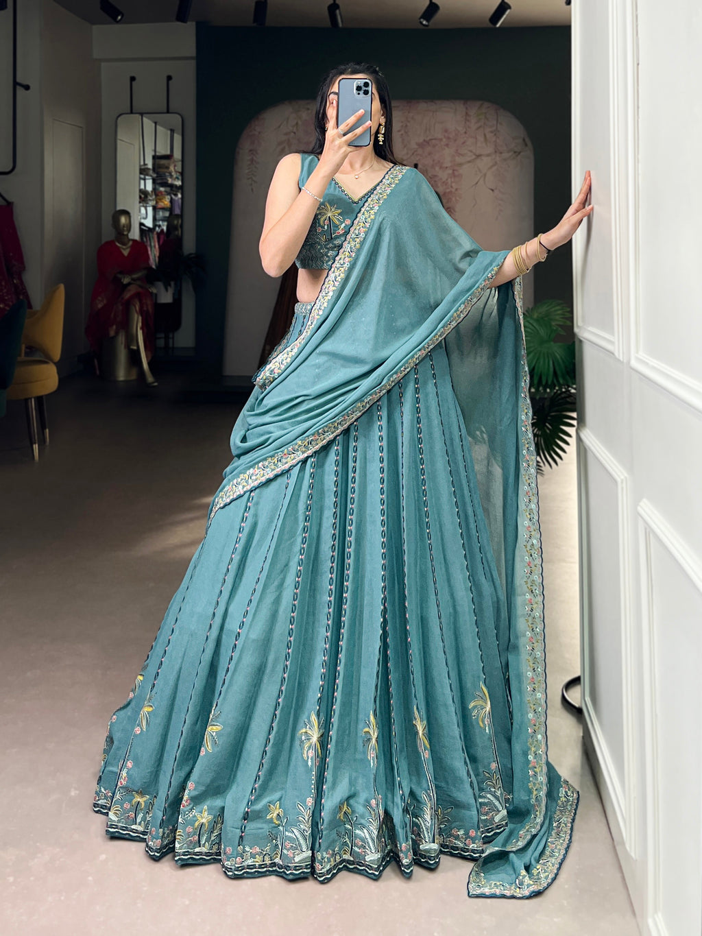 Zarakh sky blue silk lehenga choli with sequins thread embroidery work